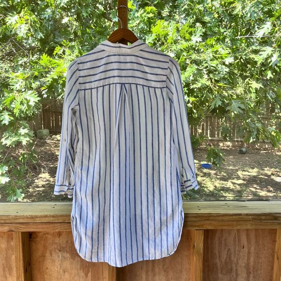 Chico's Women's White And Blue Striped 100% Linen Shirt Dress Size 0 (U.S. 4) - Picture 2 of 9